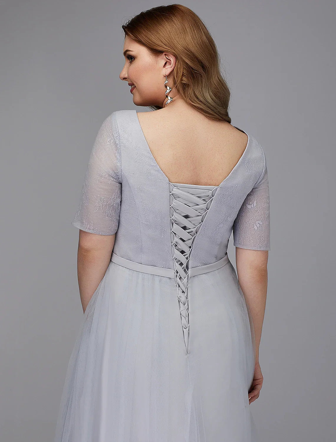 Wedding Guest Tea Length Short Sleeve V Neck Lace-up with Sash / Ribbon