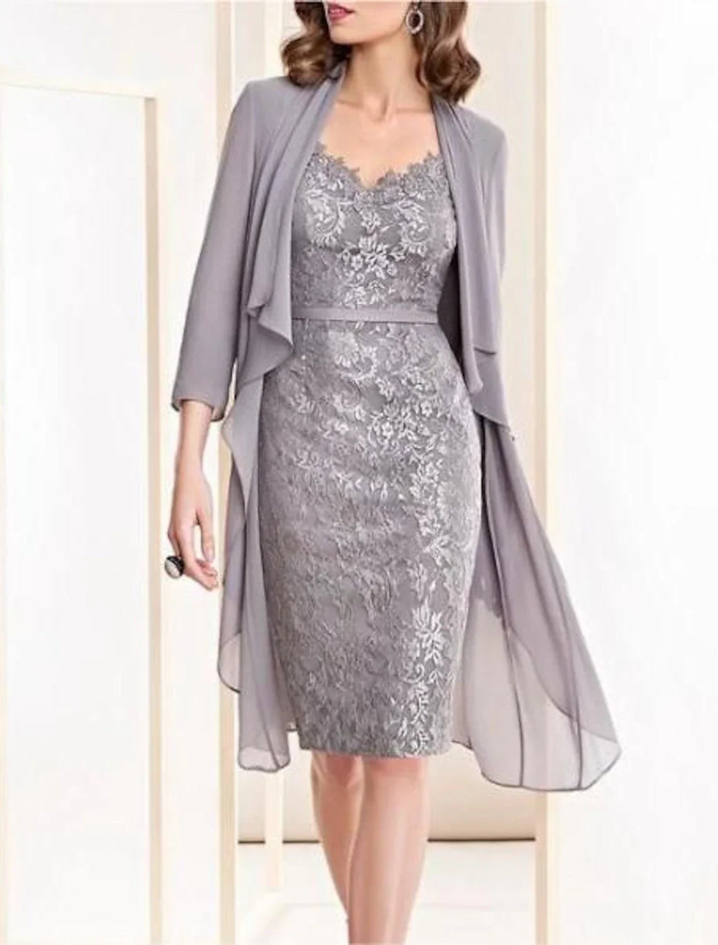 Two Piece Sheath / Column Mother of the Bride Dress Wedding Guest Elegant V Neck Knee Length 3/4 Length Sleeve with Appliques