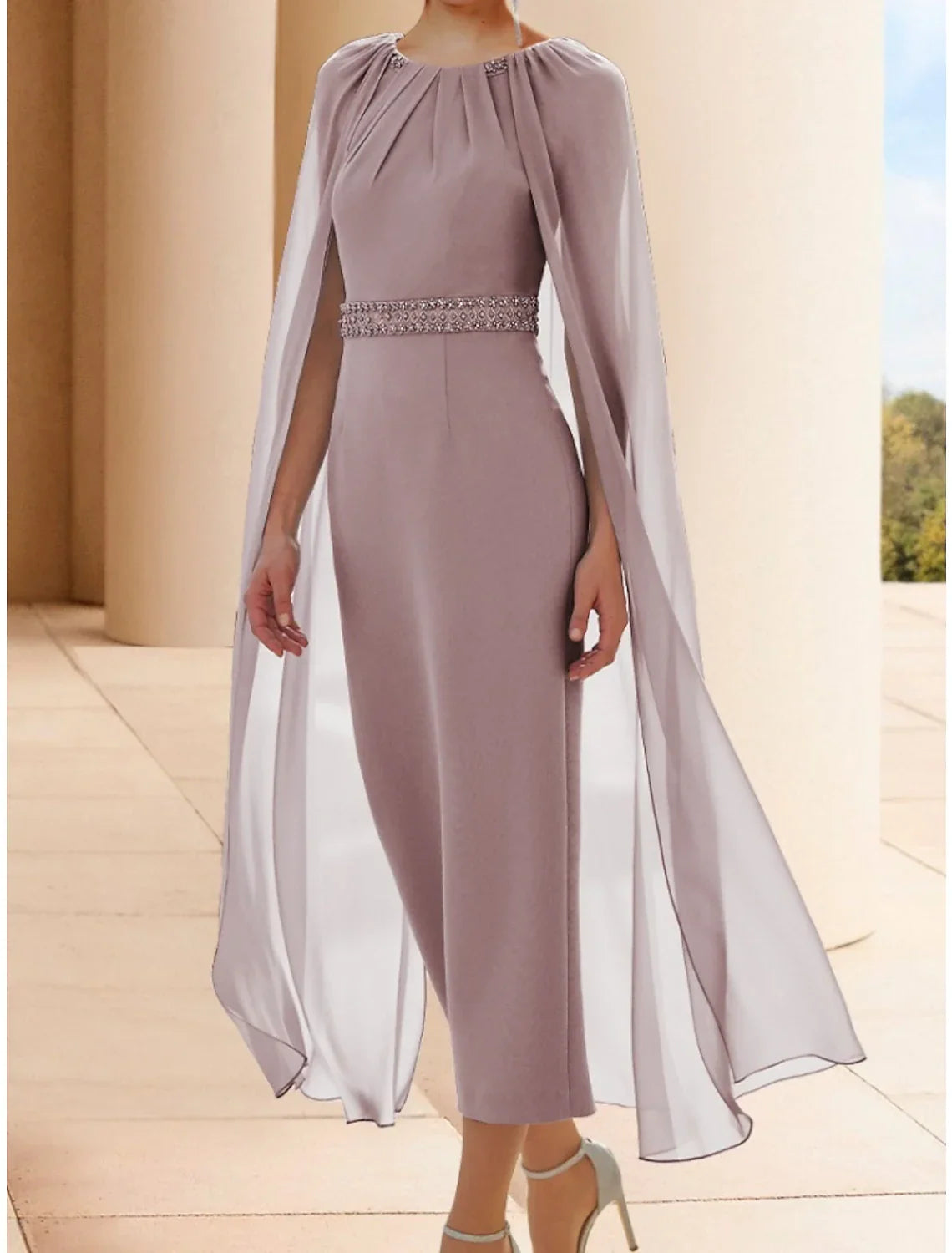 Sheath / Column Mother of the Bride Dress Wedding Guest Elegant Scoop Neck Ankle Length Sleeveless with Beading Ruching