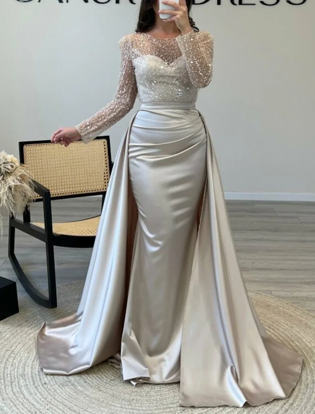 Mermaid Evening Gown Ruched Dress Long Sleeves Floor Length Sparkle Illusion Neck Fall Wedding Guest Dress with Pearls Overskirt