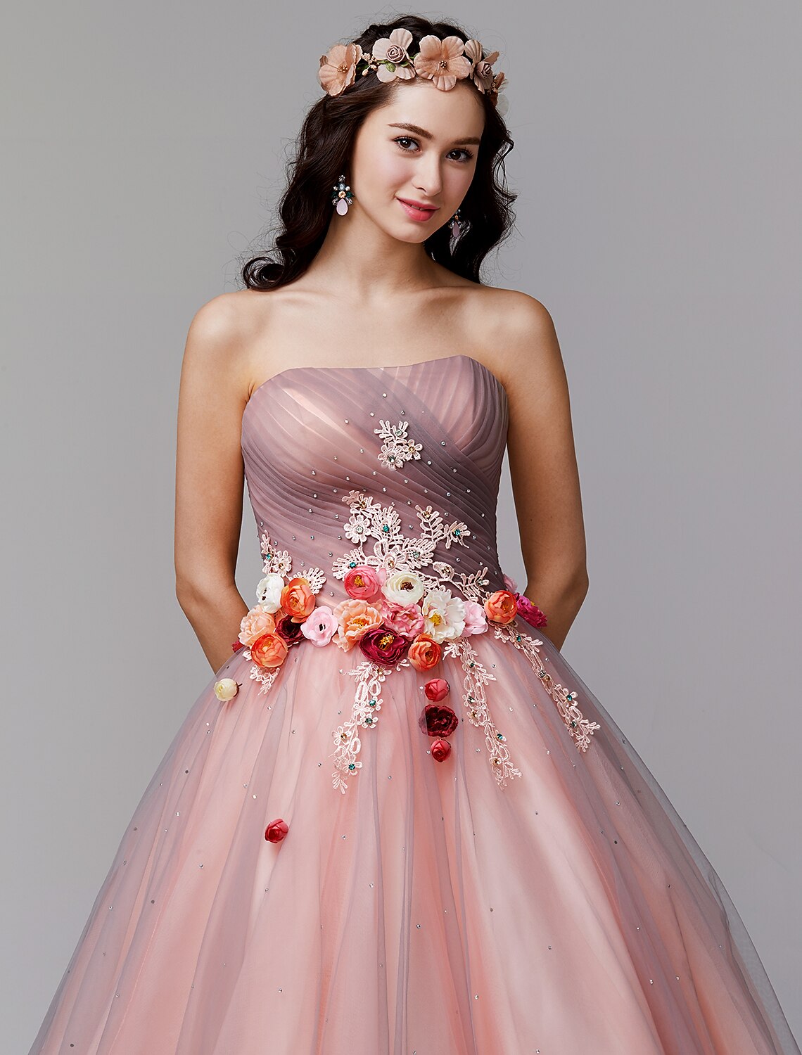 Ball Gown Floral Formal Evening Dress Strapless Sleeveless Floor Length with Pleats Flower