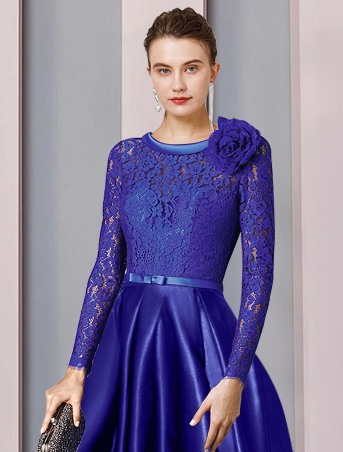 Mother of the Bride Dress Formal Church Elegant High Low Scoop Neck Long Sleeve with Bow Flower