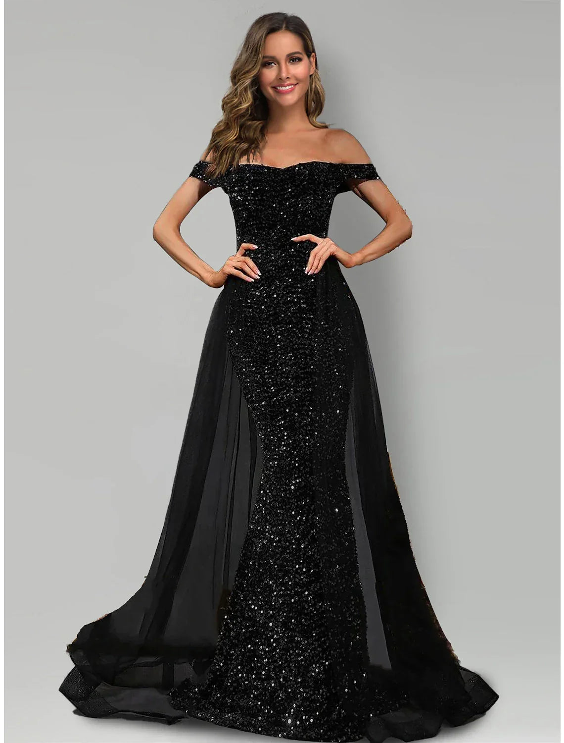 Black Mermaid / Trumpet Evening Gown Dress Formal Sweep / Brush Train Sleeveless Off Shoulder