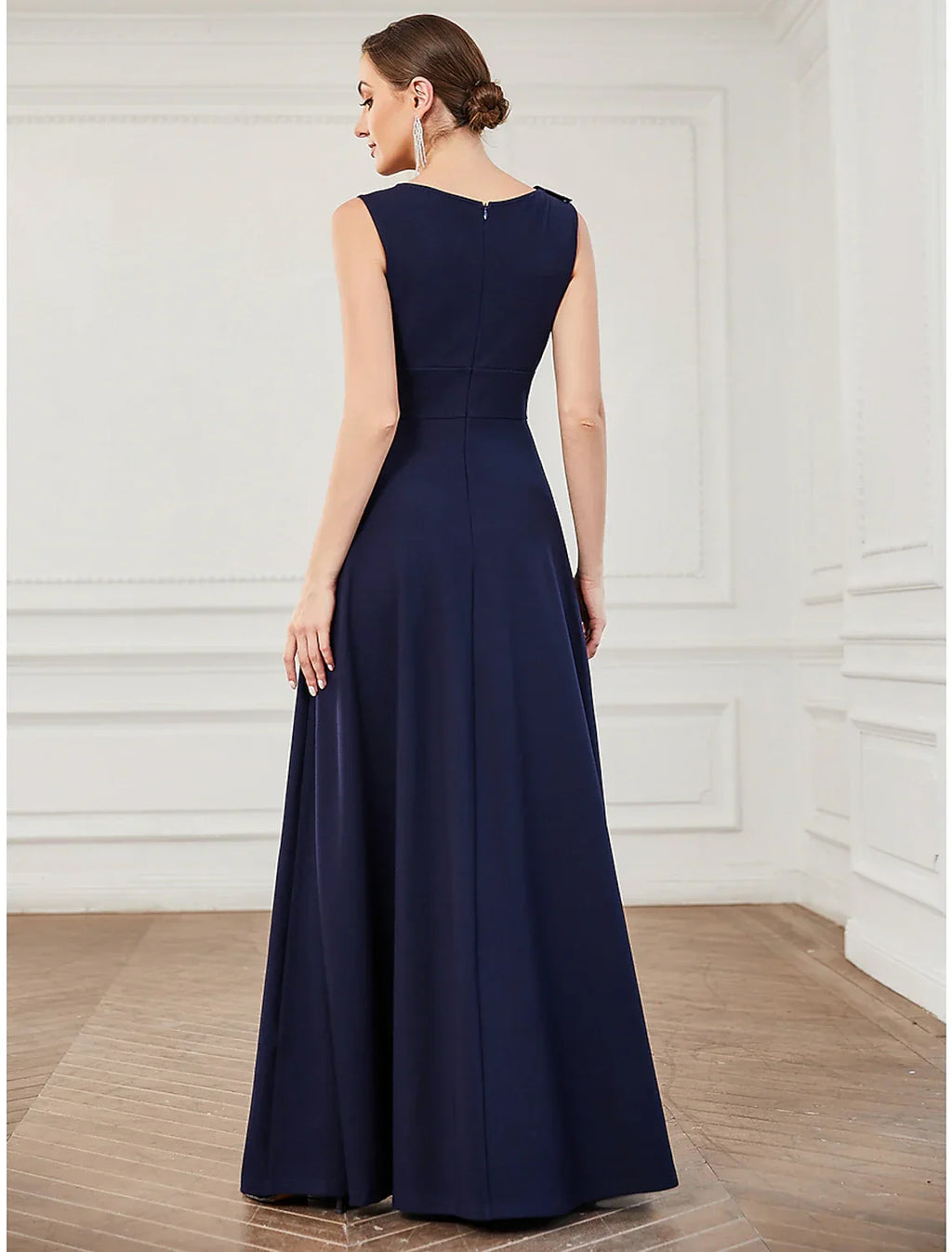 Evening Gown Plus Size Dress Formal Floor Length Sleeveless Jewel Neck with Draping Appliques