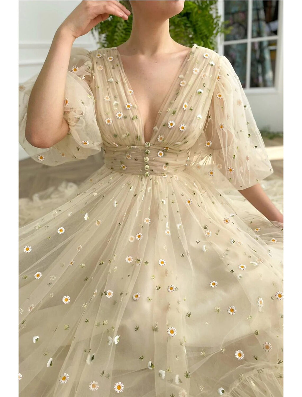 Floral Dress Formal Wedding Guest Ankle Length Half Sleeve V Neck V Back with Pleats Ruched