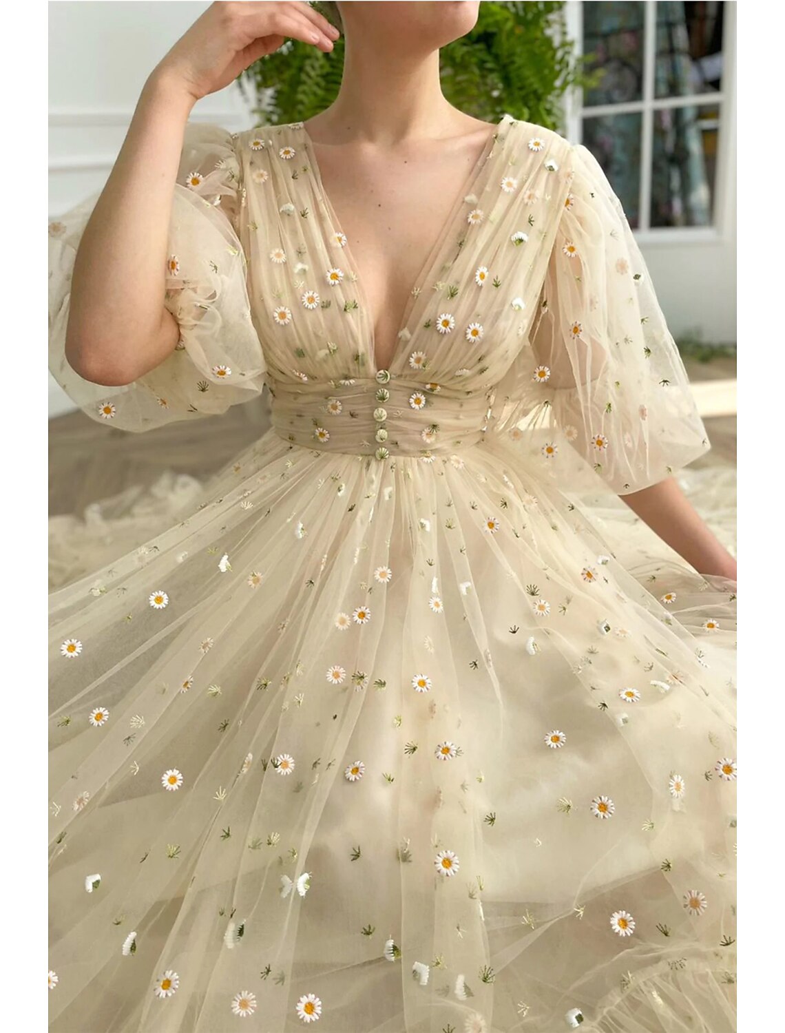 Floral Dress Formal Wedding Guest Ankle Length Half Sleeve V Neck V Back with Pleats Ruched