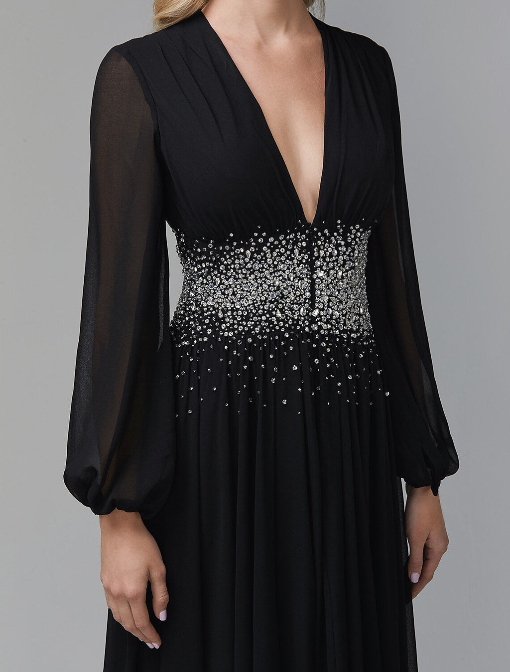 Black Evening Dress Celebrity Red Carpet Formal Gown Wedding Guest Floor Length Long Sleeve V Neck
