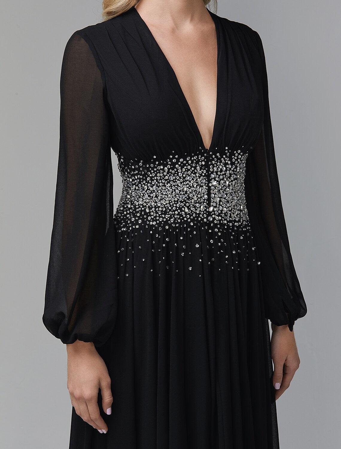 Black Evening Dress Celebrity Red Carpet Formal Gown Wedding Guest Floor Length Long Sleeve V Neck