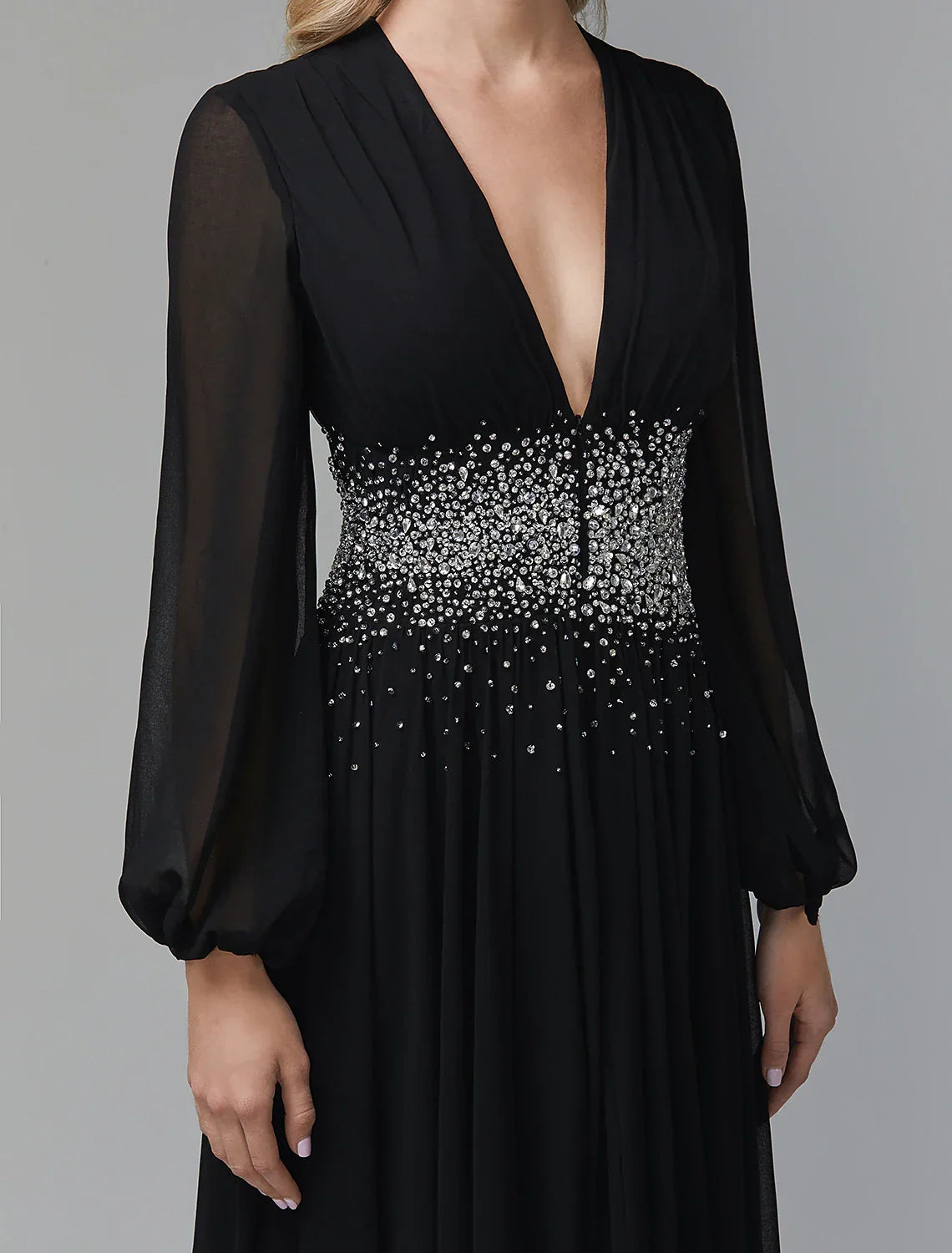 Black Evening Dress Celebrity Red Carpet Formal Gown Tie Wedding Guest Floor Length Long Sleeve V Neck