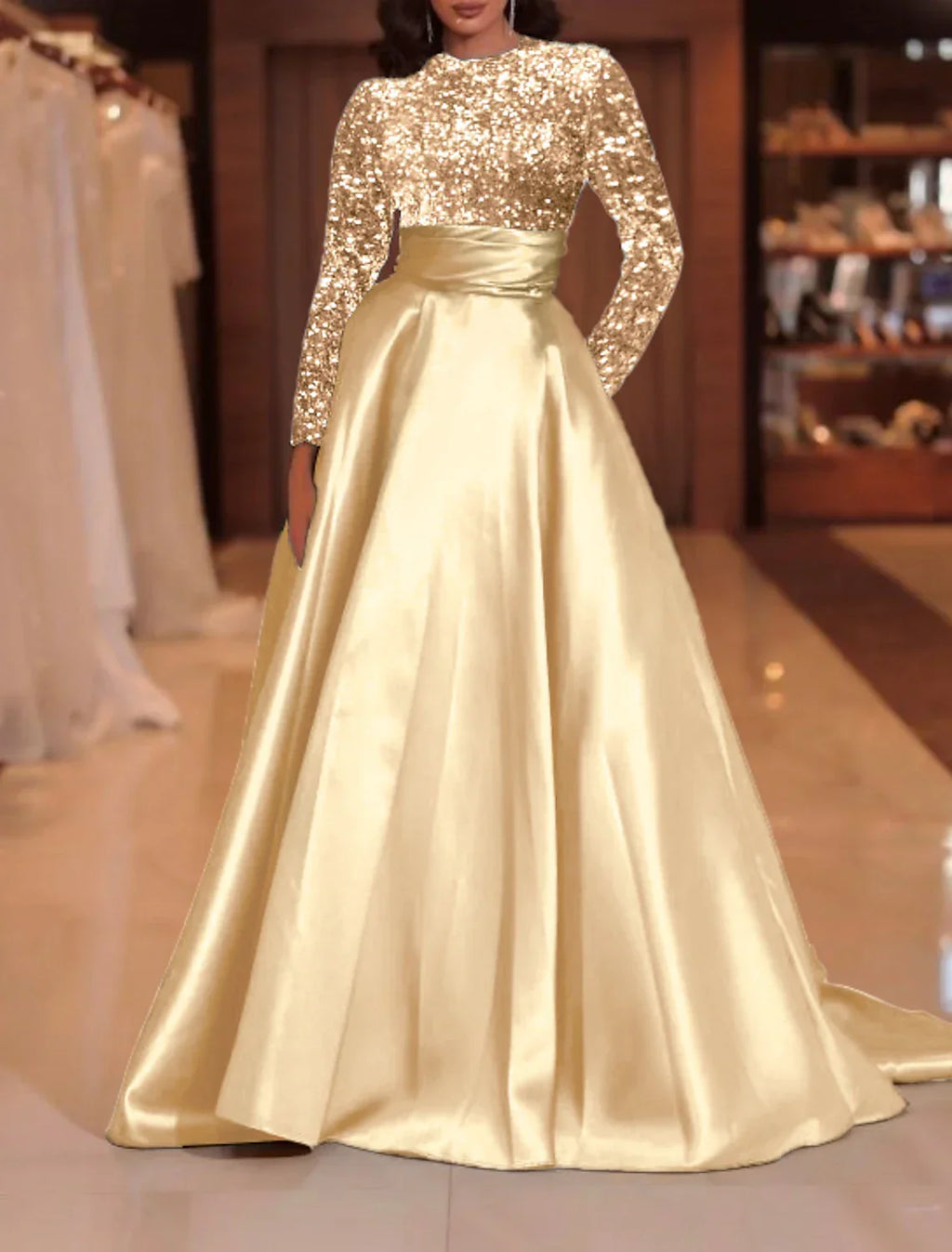 Green Evening Gown Sparkle Christmas Red Dress Formal Cocktail Party Court Train Long Sleeve High Neck Fall Wedding Guest