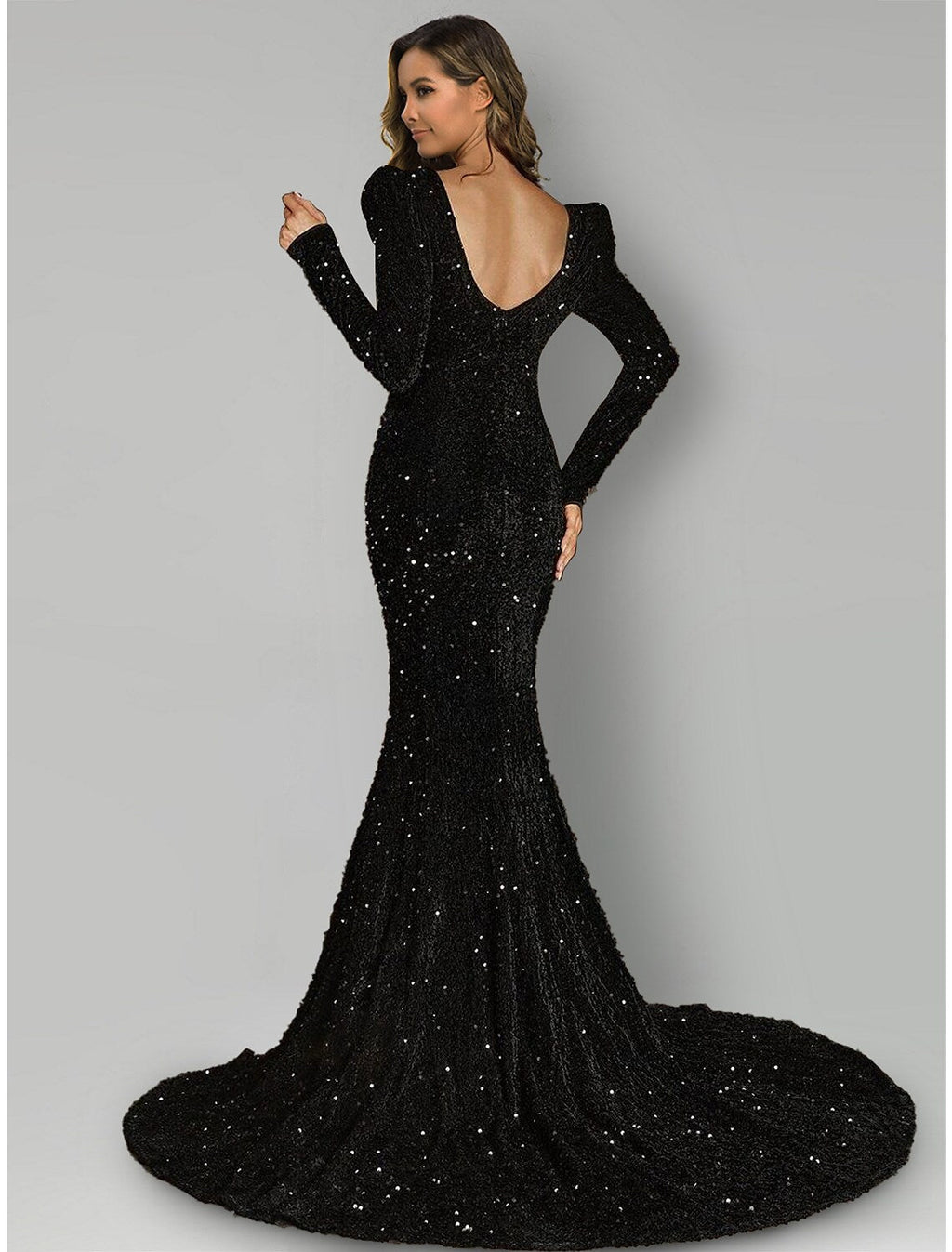 Black Evening Gown Dress Formal Court Train Long Sleeve Square Neck