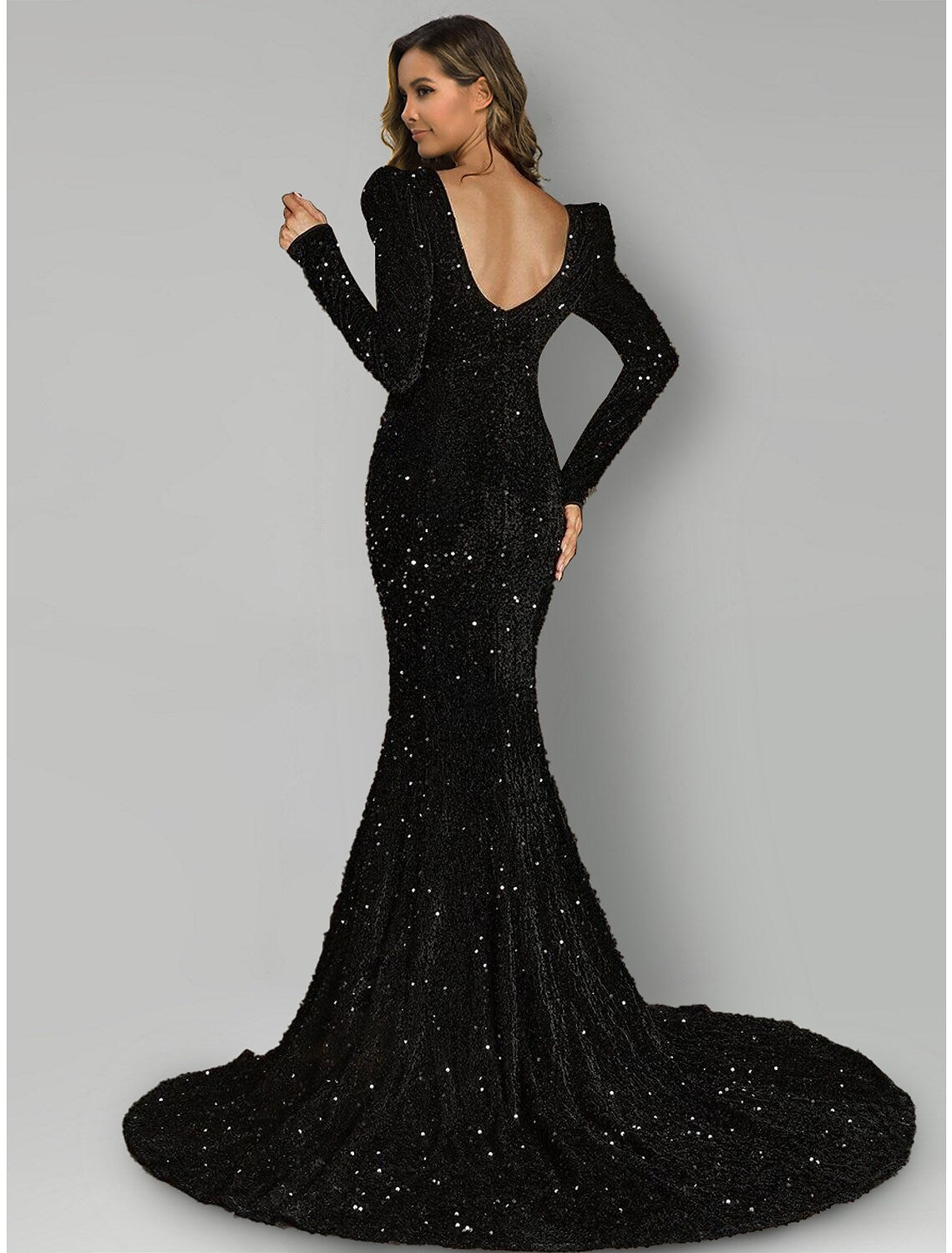 Black Evening Gown Dress Formal Court Train Long Sleeve Square Neck