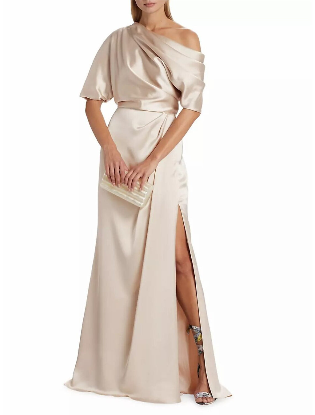 Mother of the Bride Dress Formal Wedding Guest Elegant Simple Off Shoulder Floor Length Charmeuse Short Sleeve with Side Draping Side-Draped Solid Color