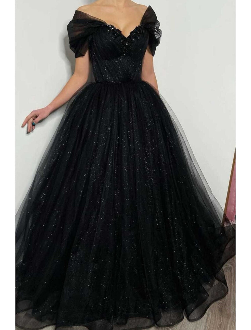 Black Formal Floor Length Dress Short Sleeve Off Shoulder with Pleats Beading