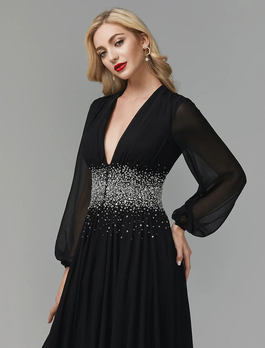 Black Evening Dress Celebrity Red Carpet Formal Gown Tie Wedding Guest Floor Length Long Sleeve V Neck