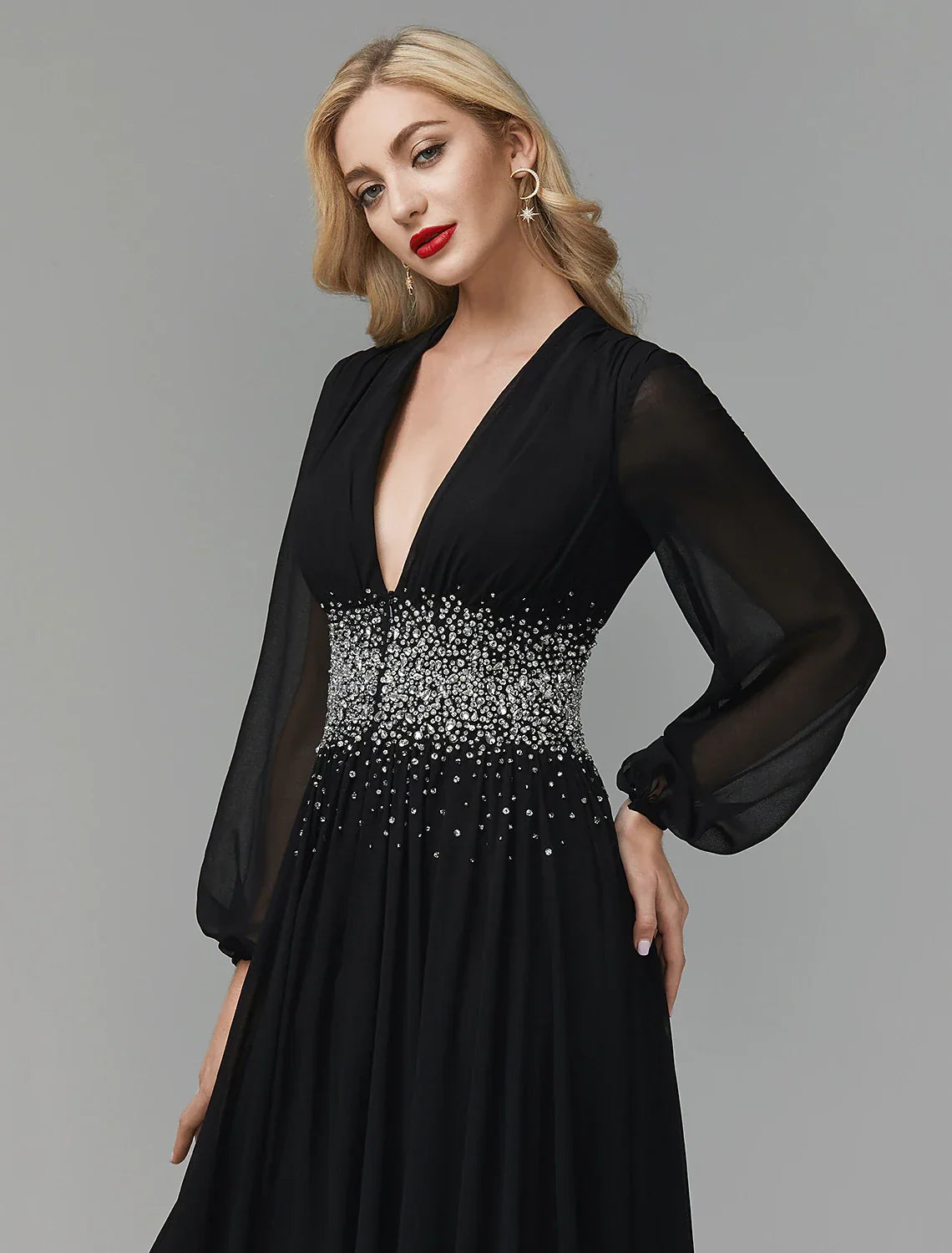 Black Evening Dress Celebrity Red Carpet Formal Gown Tie Wedding Guest Floor Length Long Sleeve V Neck