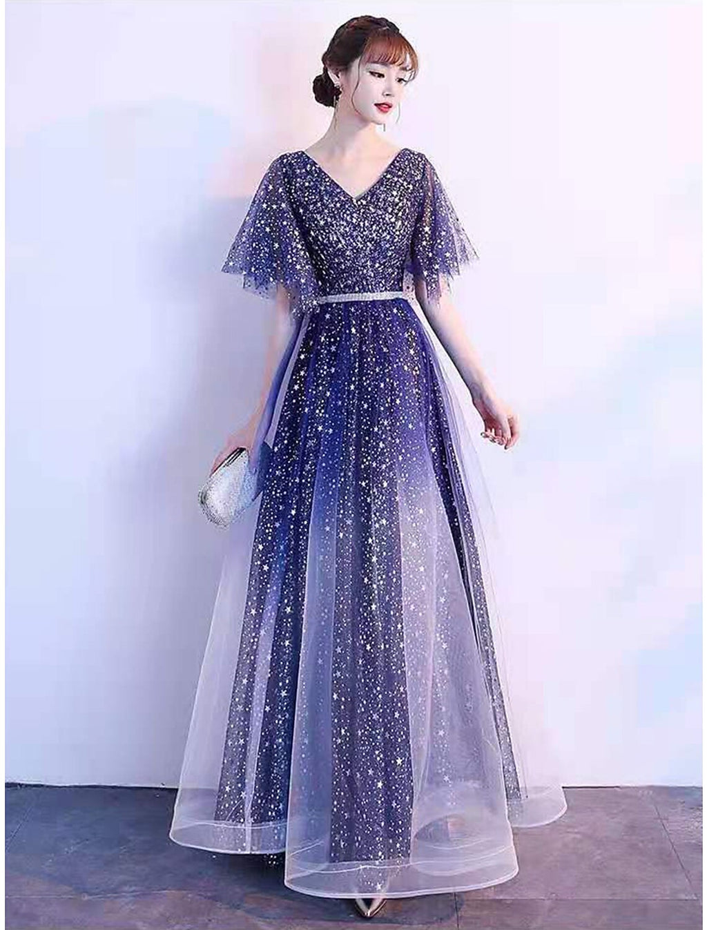 Ombre Prom Birthday Dress V Neck Short Sleeve Floor Length with Sash / Ribbon Crystals