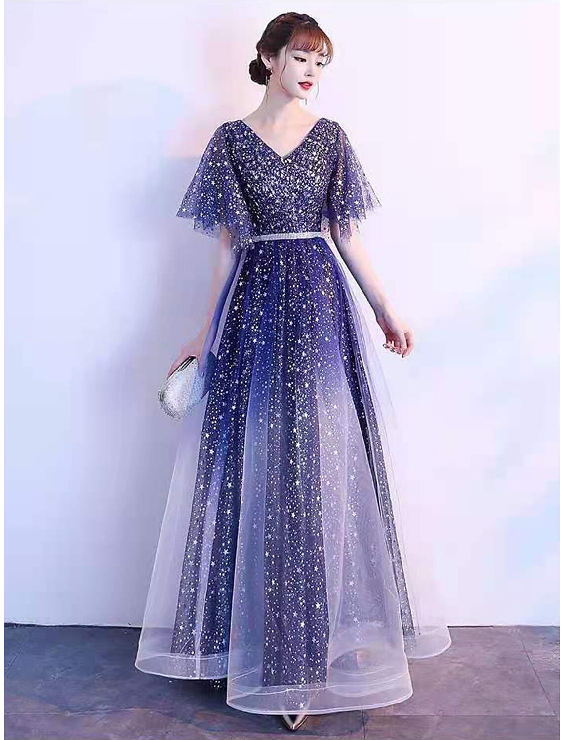 Ombre Prom Birthday Dress V Neck Short Sleeve Floor Length with Sash / Ribbon Crystals
