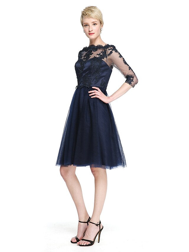 Bridesmaid Dress Bateau Neck 3/4 Length Sleeve See Through Knee Length / with Appliques