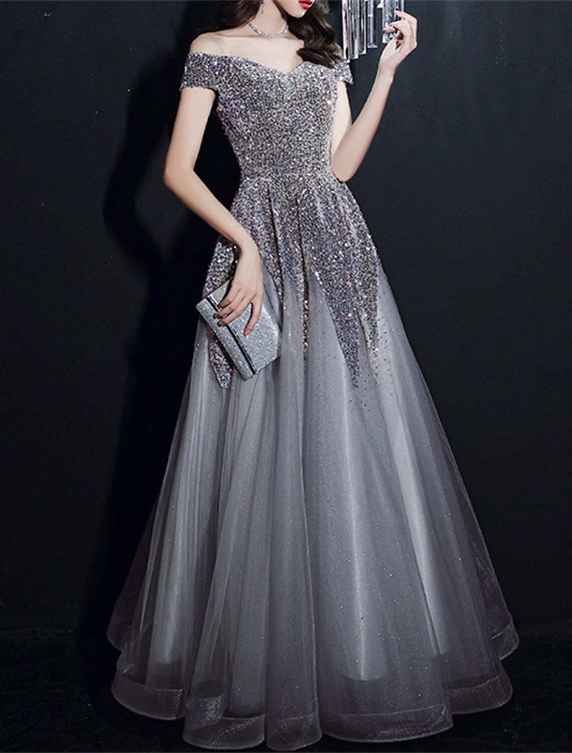 Sparkle & Shine Dress Formal Wedding Guest Floor Length Short Sleeve Off Shoulder