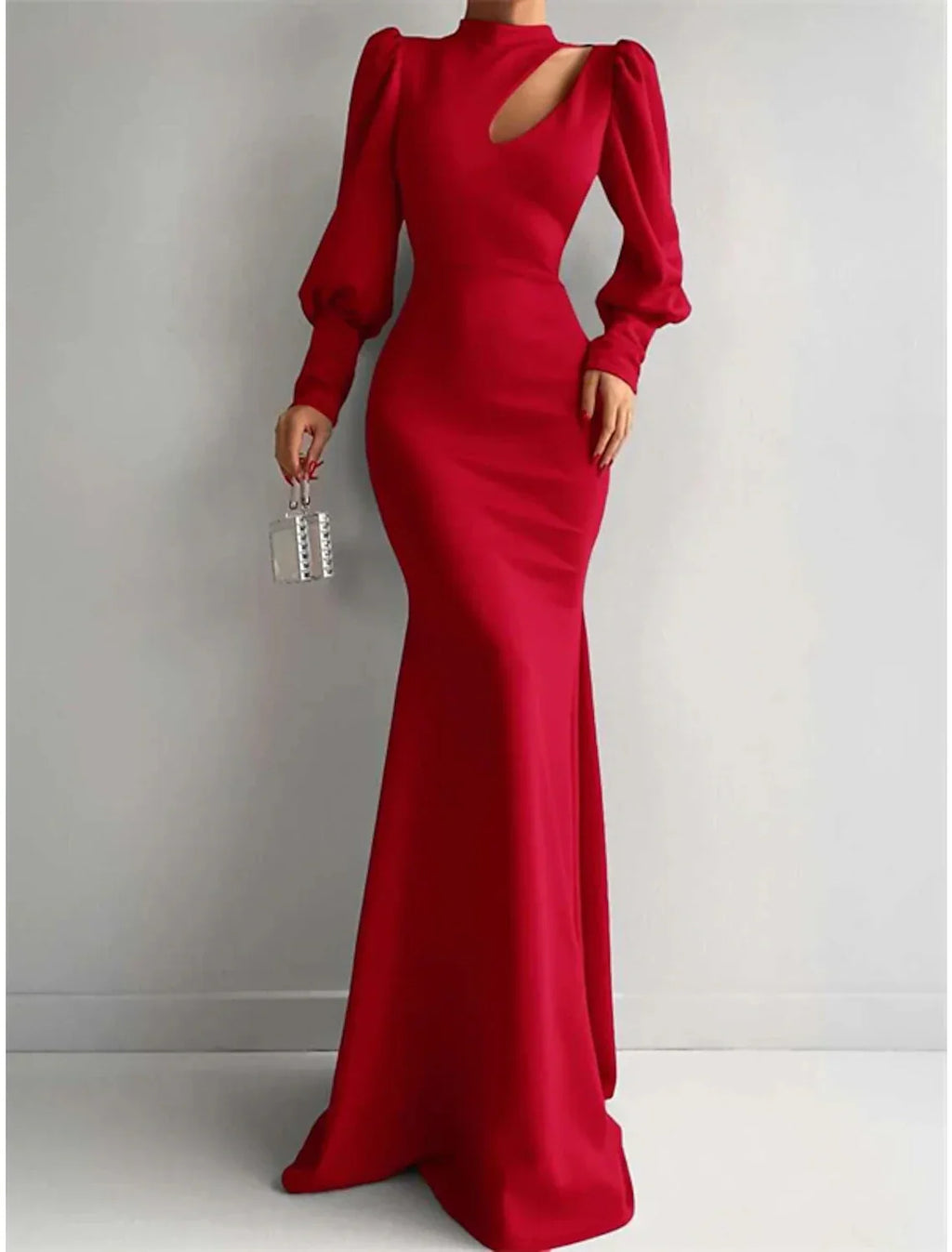 Green Mermaid Evening Gown Elegant Dress Formal Christmas Red Dress Sweep / Brush Train Long Sleeve High Neck with Ruched