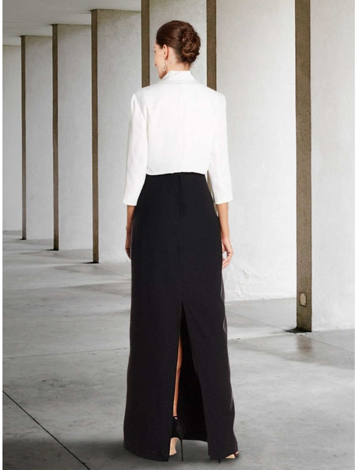 Black Two Piece Sheath / Column Mother of the Bride Dress Wedding Guest Elegant Dress V Neck Ankle Length Half Sleeve with Split Front Ruching