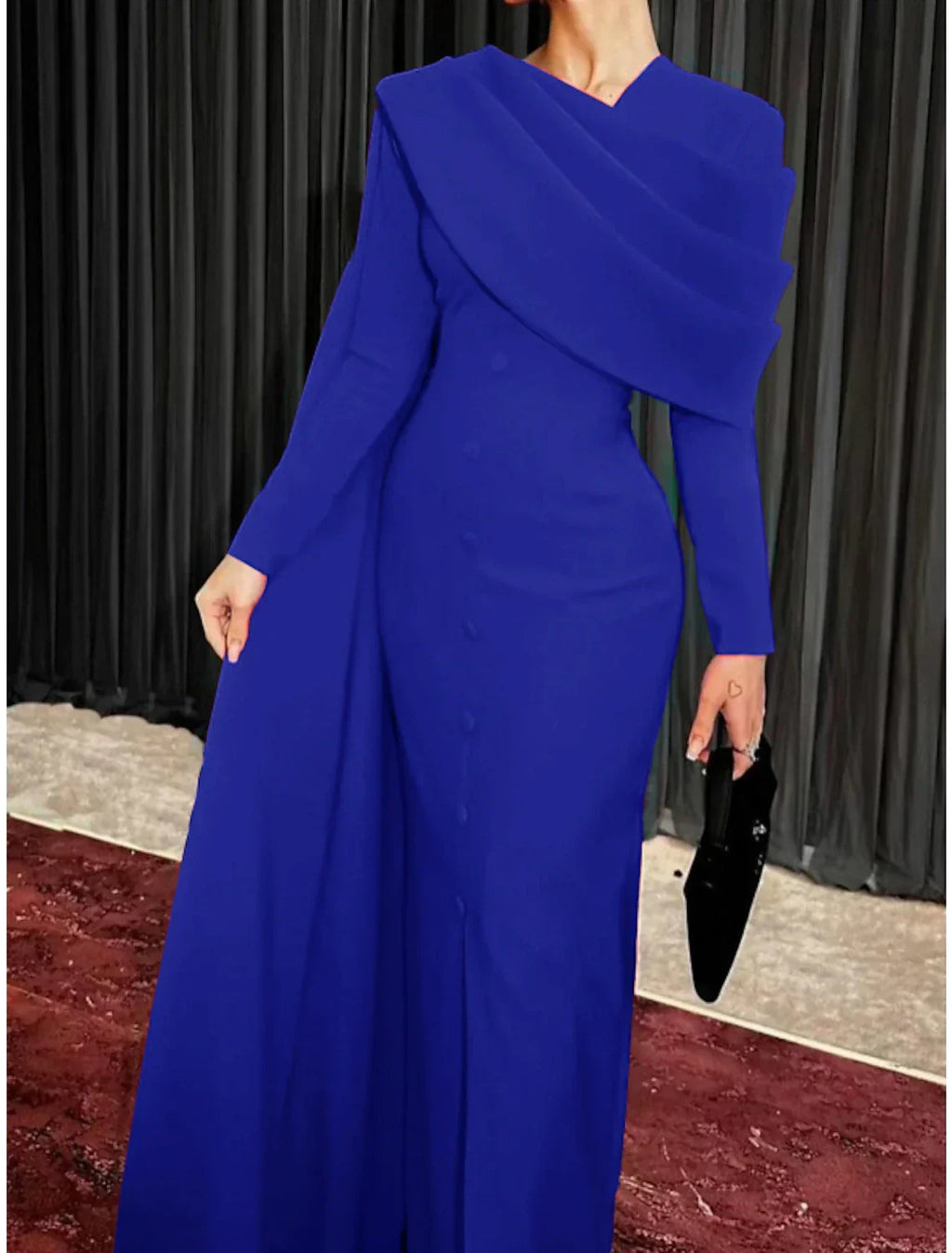 Black Sheath / Column Red Christmas Red Green Dress Evening Gown Elegant Cape Dress Formal Fall Sweep / Brush Train Long Sleeve Cowl Neck Fabric with Buttons