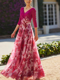 Mother of the Bride Dress Formal Wedding Guest Elegant V Neck Floor Length 3/4 Length Sleeve with Flower