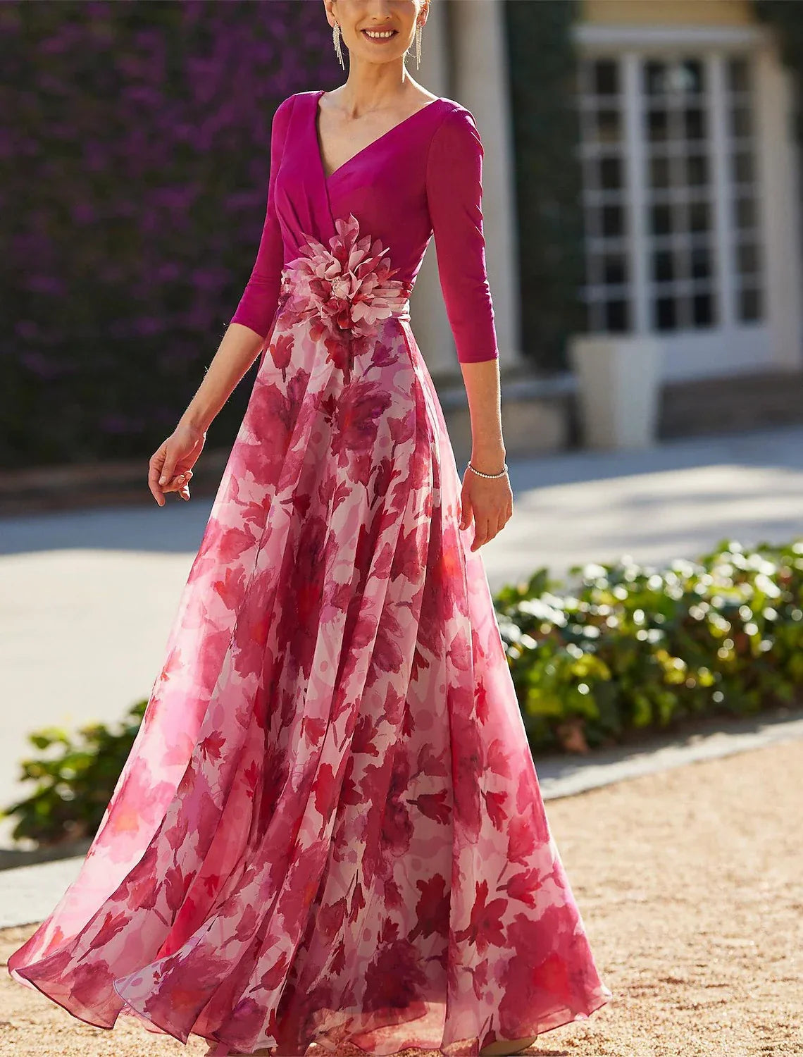 Mother of the Bride Dress Formal Wedding Guest Elegant V Neck Floor Length 3/4 Length Sleeve with Flower
