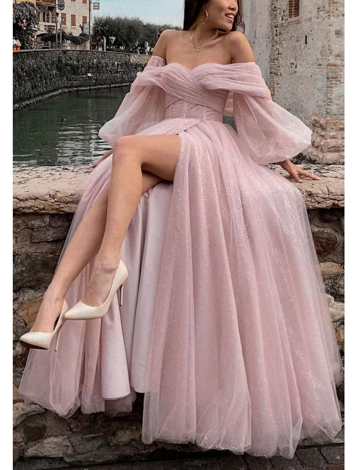 Corsets Dress Formal Floor Length Long Sleeve Off Shoulder Glitter Ruched Slit