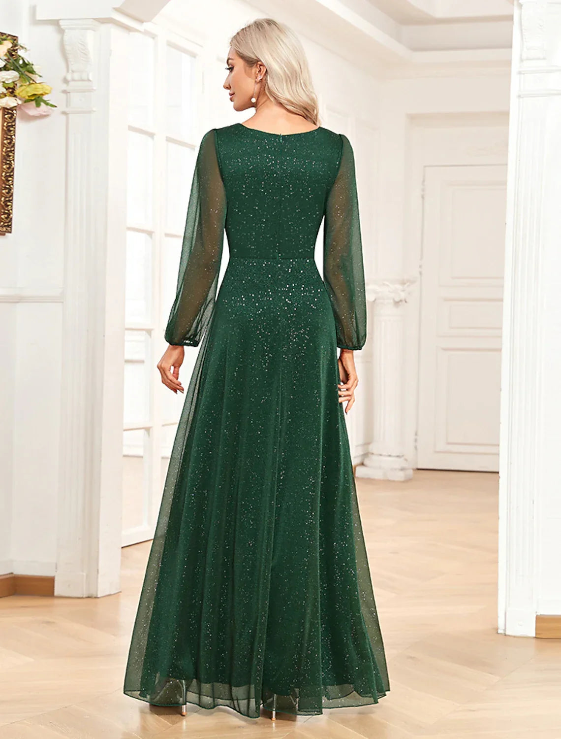 Evening Gown Sparkle & Shine Dress Formal Wedding Party Dress Floor Length Long Sleeve V Neck