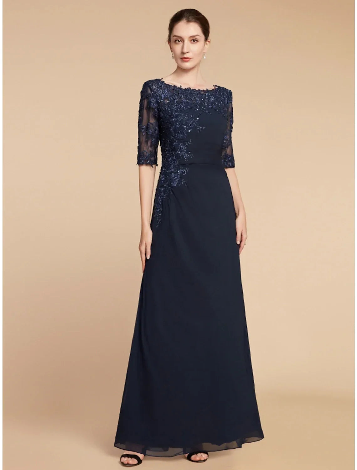 Sheath / Column Mother of the Bride Dress Wedding Guest Elegant Scoop Neck Ankle Length Half Sleeve with Ruching Solid Color
