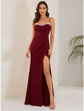 Mermaid / Trumpet Wedding Guest Dresses Sexy Dress Formal Floor Length Sleeveless Spaghetti Strap Fabric with Slit Pure Color