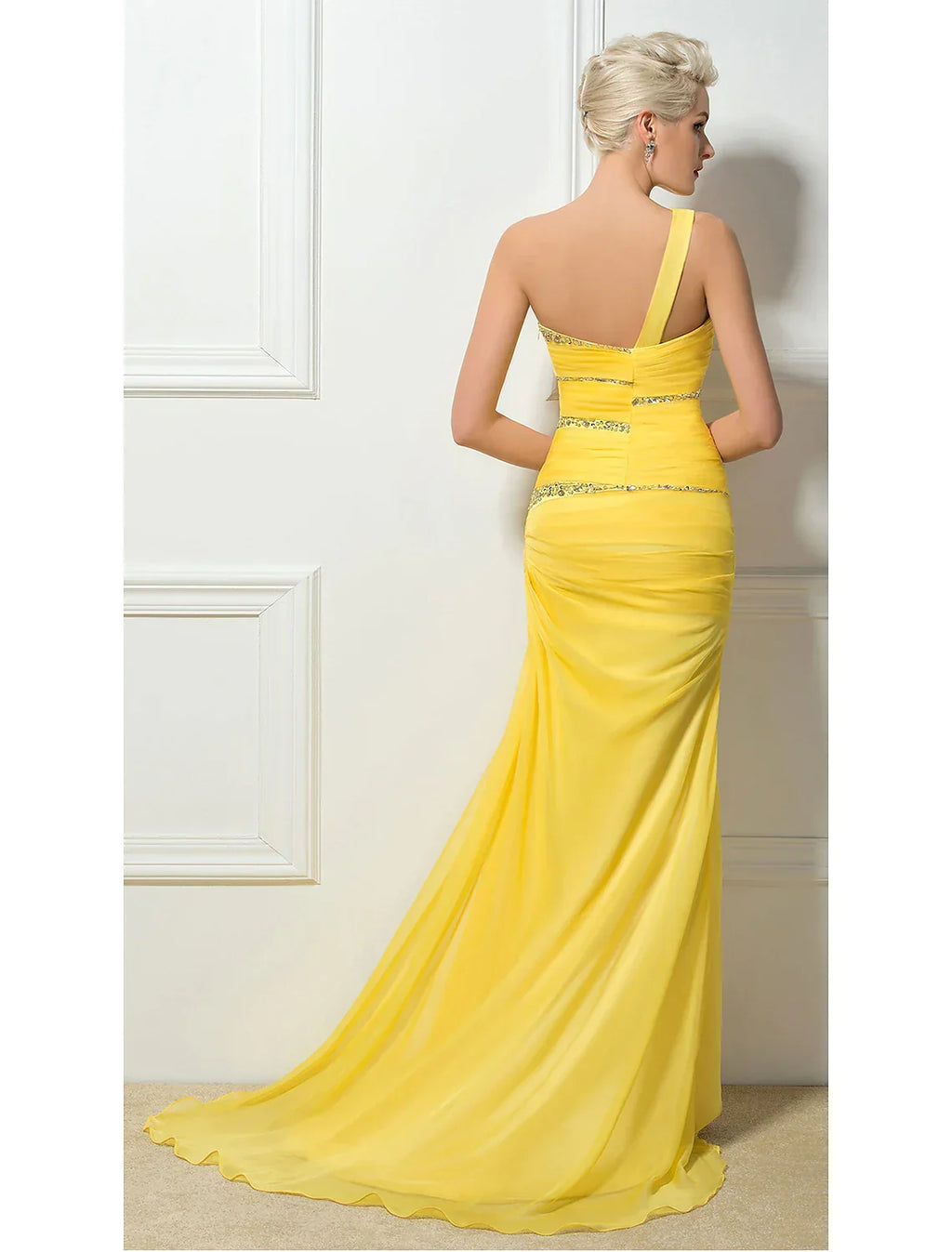 Sexy Engagement Formal Evening Dress One Shoulder Backless Sleeveless Crystals