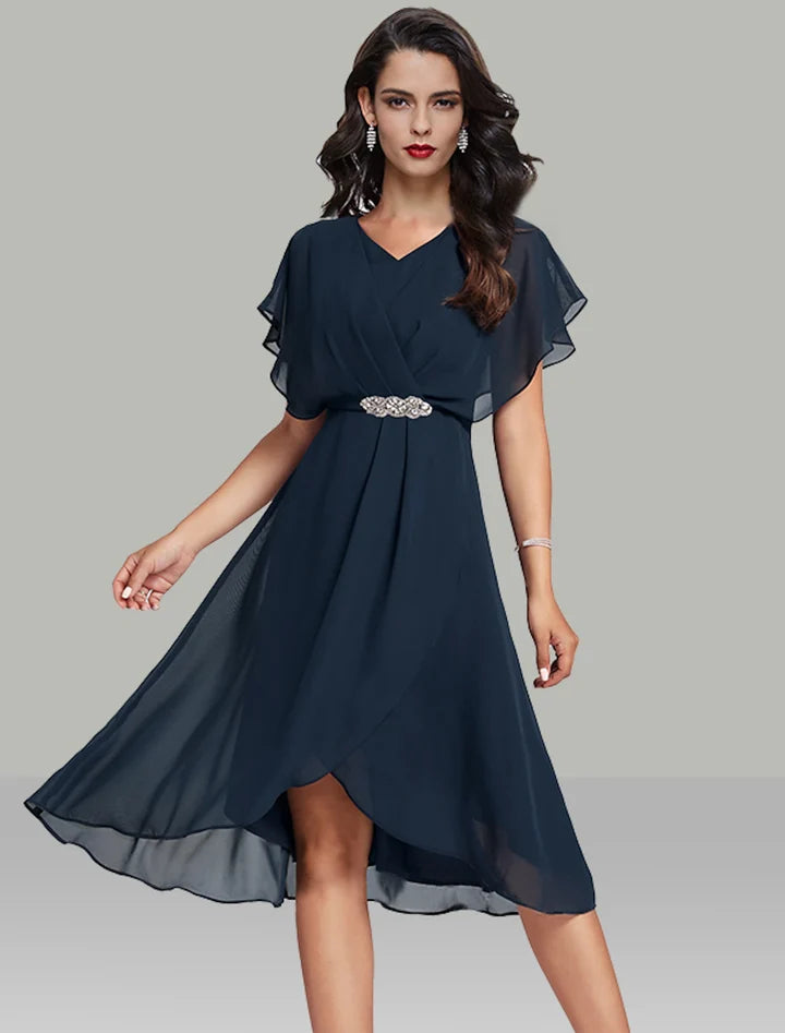Navy Blue V-Neck Flutter-Sleeve Rhinestone-Waist Hi-Low Midi Evening Dress