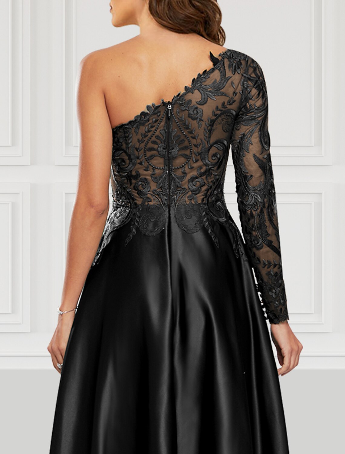 Black Dress Party Wear Floor Length Long Sleeve One Shoulder with Slit