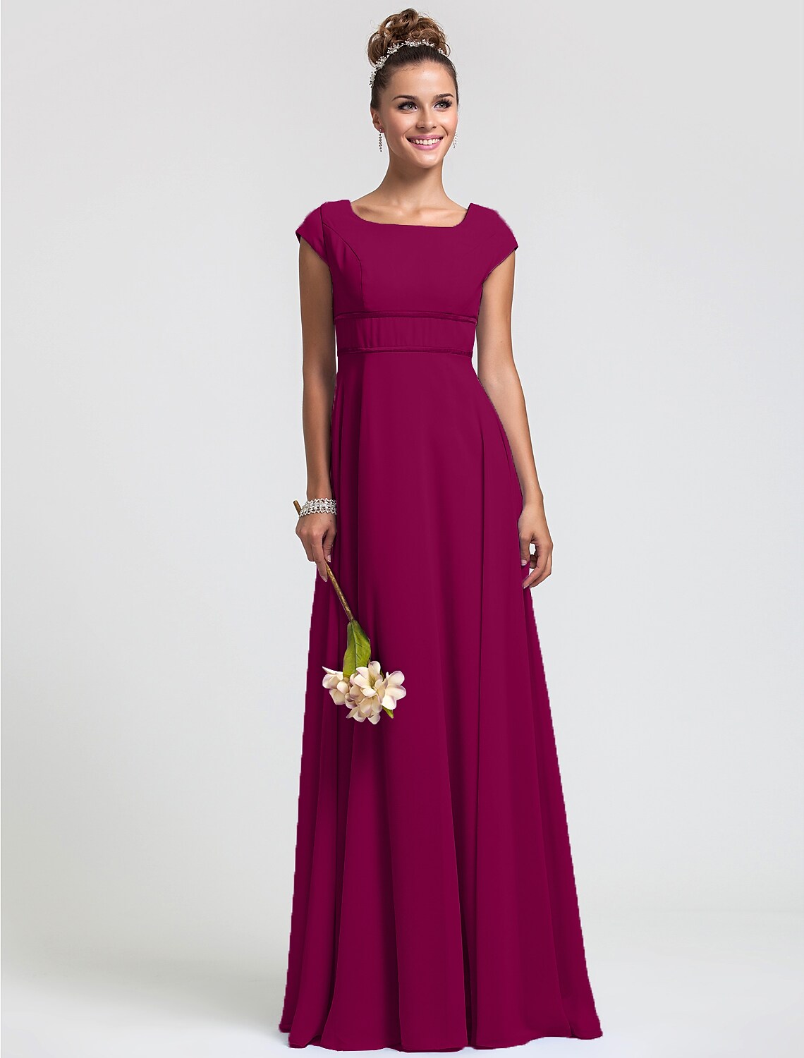 Bridesmaid Dress Square Neck Short Sleeve Elegant Floor Length with Sash Ribbon Pleat