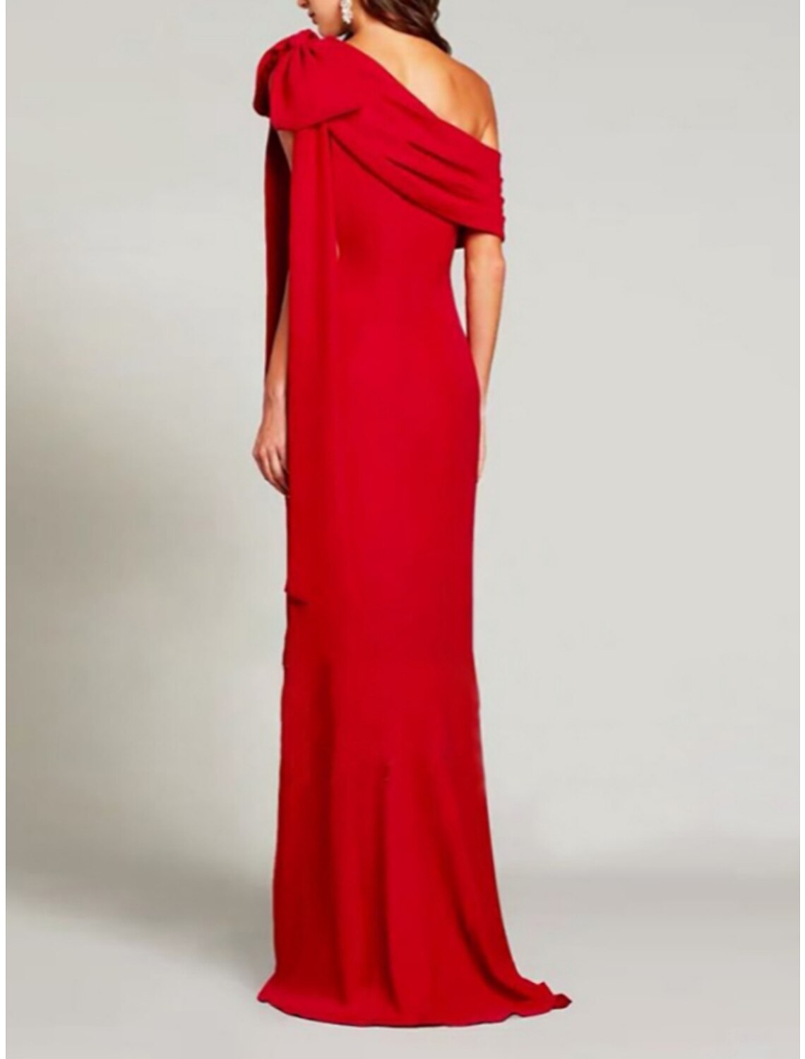 Green Sheath / Column Evening Gown Elegant Dress Formal Sweep / Brush Train Christmas Red Dress Short Sleeve One Shoulder Charmeuse with Bow(s) Pleats Slit