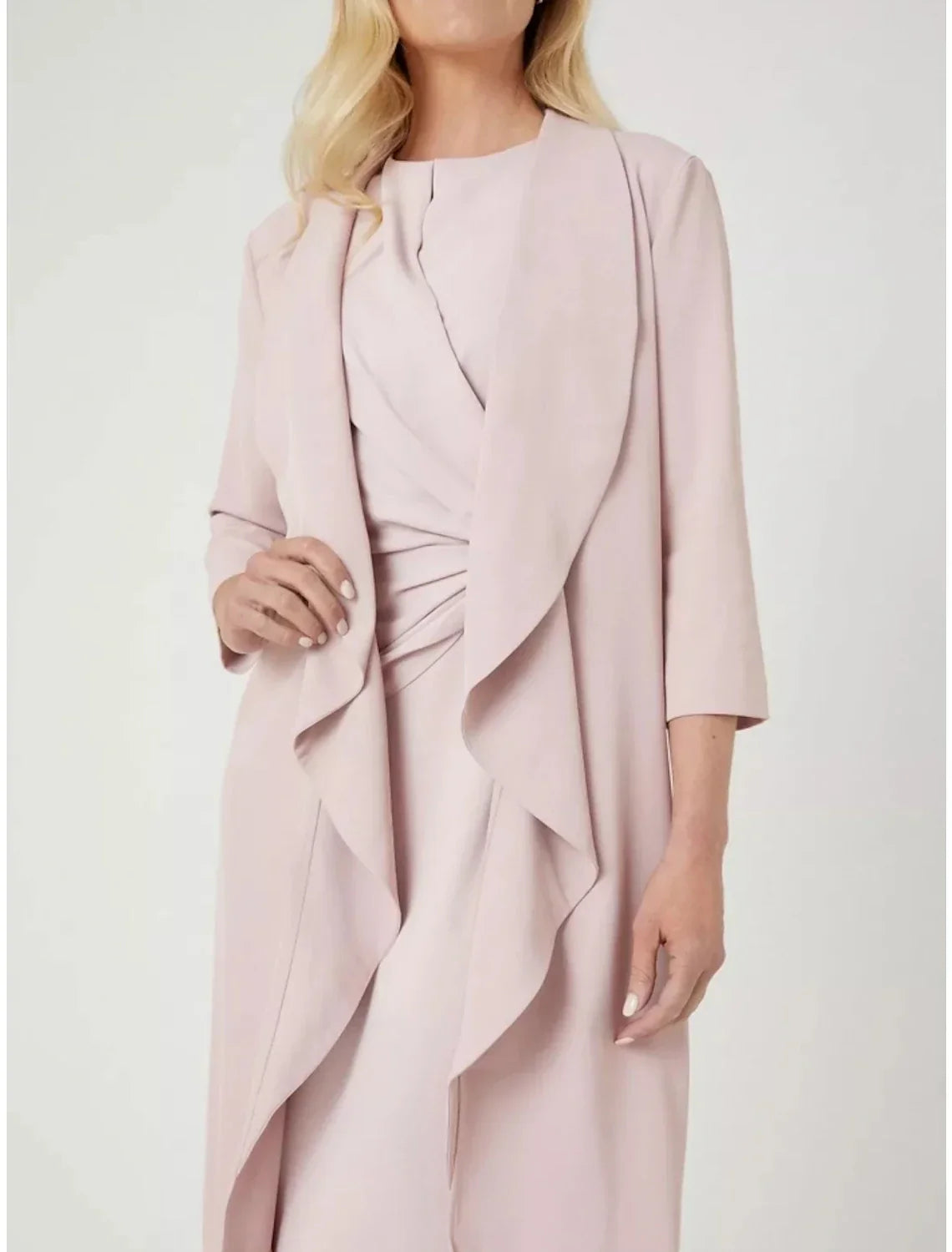 Two Piece Mother of the Bride Dress Wedding Guest Elegant Petite Jewel Neck Knee Length 3/4 Length Sleeve with Split Front Ruching Solid Color