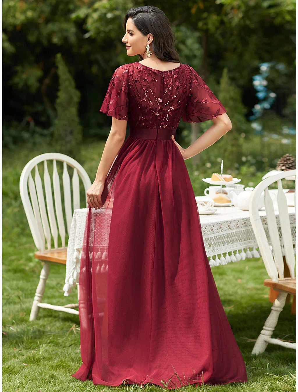 Vintage Dress Prom Floor Length Short Sleeve Jewel Neck with Ruffles Appliques