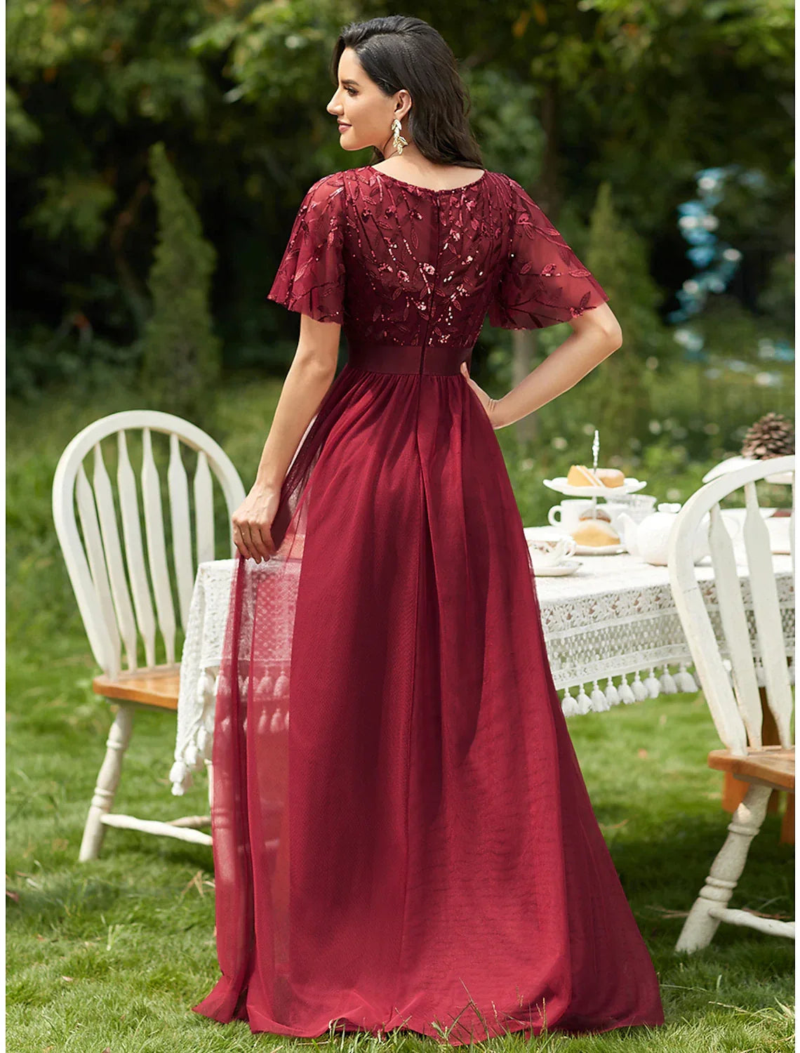 Vintage Dress Prom Floor Length Short Sleeve Jewel Neck with Ruffles Appliques