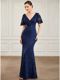 Evening Gown Vintage Dress Wedding Floor Length Short Sleeve V Neck V Back with Sash Ribbon