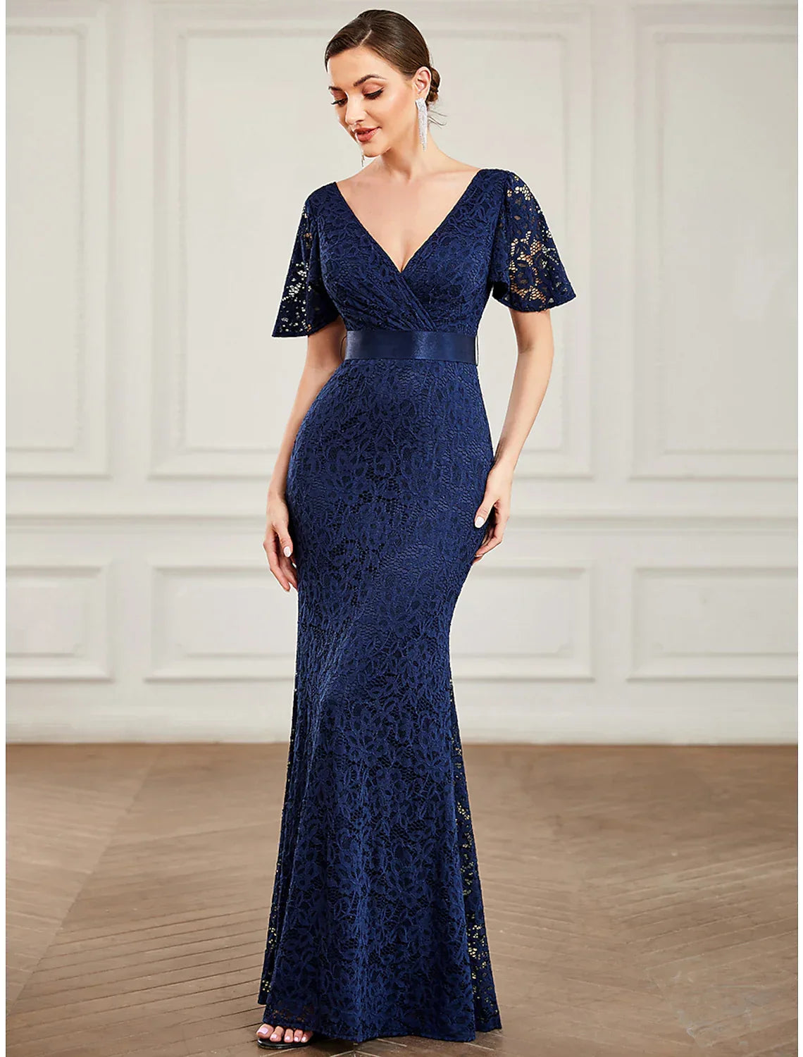 Evening Gown Vintage Dress Wedding Floor Length Short Sleeve V Neck V Back with Sash Ribbon
