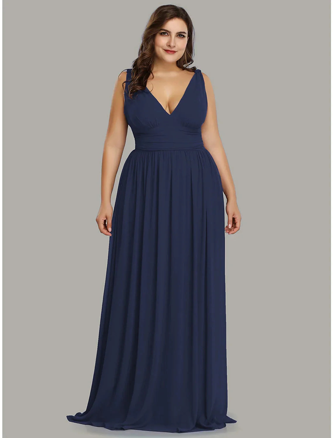 Plus Size Wedding Formal Evening Dress V Neck V Back Sleeveless Floor Length with Pleats