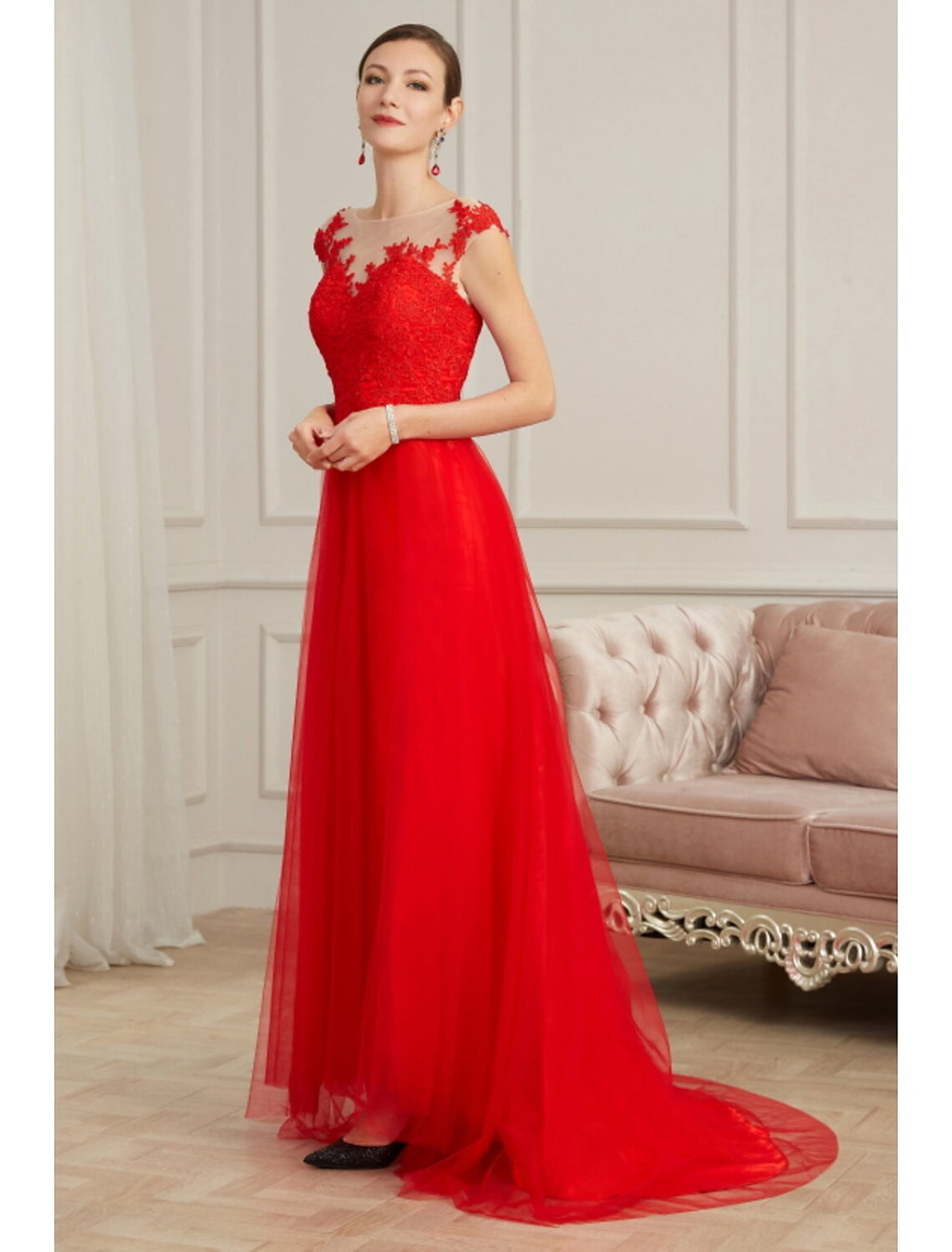 Evening Gown Elegant Dress Engagement Sleeveless Illusion Neck with Slit Appliques