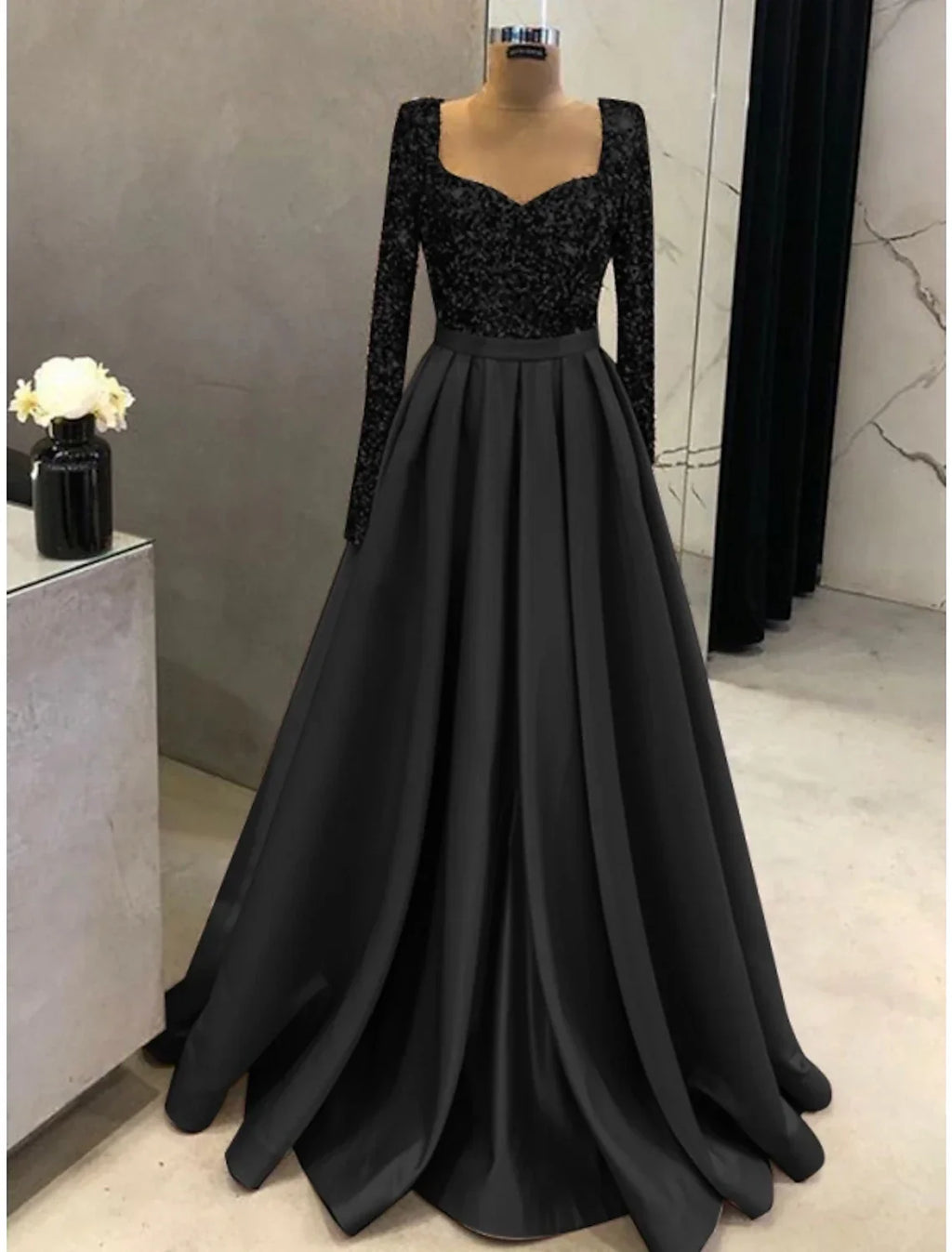 Evening Gown Elegant Dress Formal Fall Sweep / Brush Train Long Sleeve Square Neck with Glitter Pleats