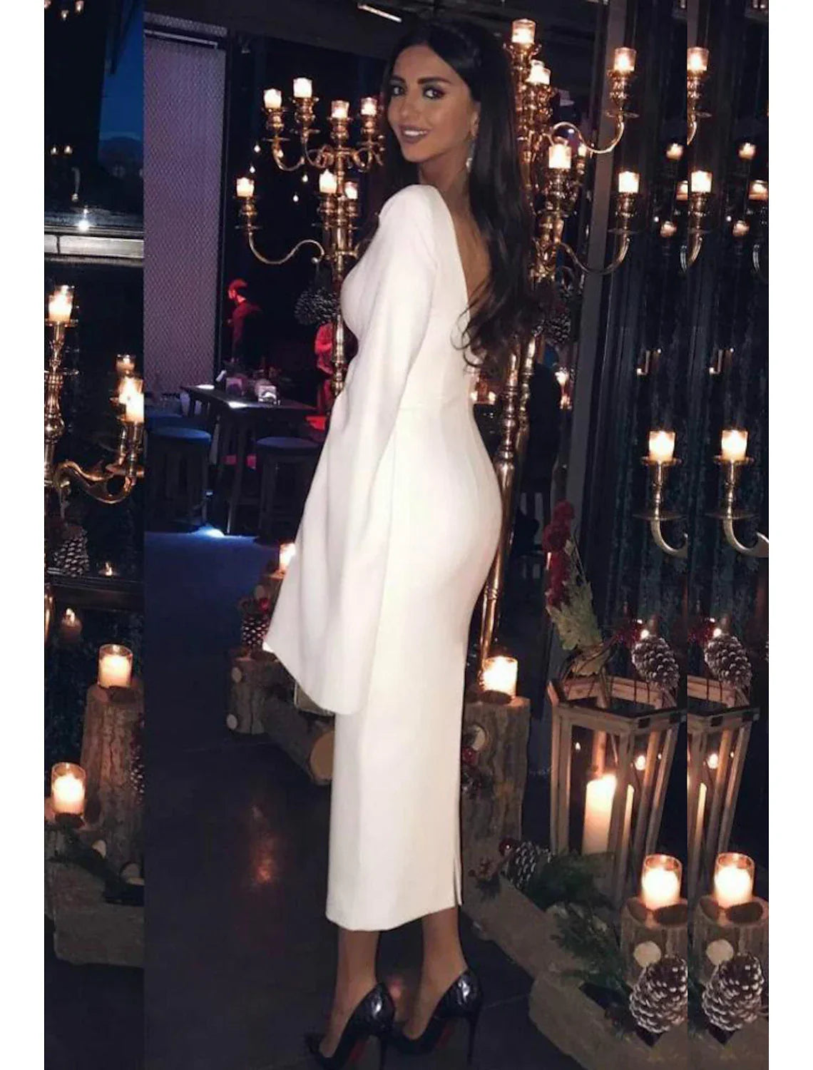 Sheath / Column Cocktail Dresses Party Dress Holiday Tea Length Long Sleeve Jewel Neck Fall Wedding Guest Backless