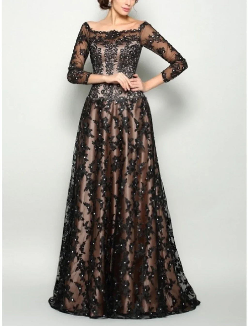 Mother of the Bride Dress Wedding Guest Elegant Square Neck Sweep / Brush Train 3/4 Length Sleeve with Ruching