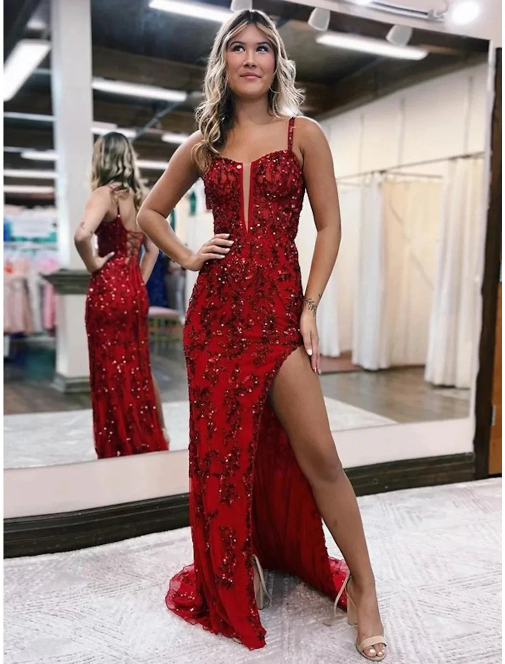 Mermaid / Trumpet Evening Gown Open Back Dress Formal Wedding Guest Sweep / Brush Train Sleeveless V Neck Backless with Slit Appliques