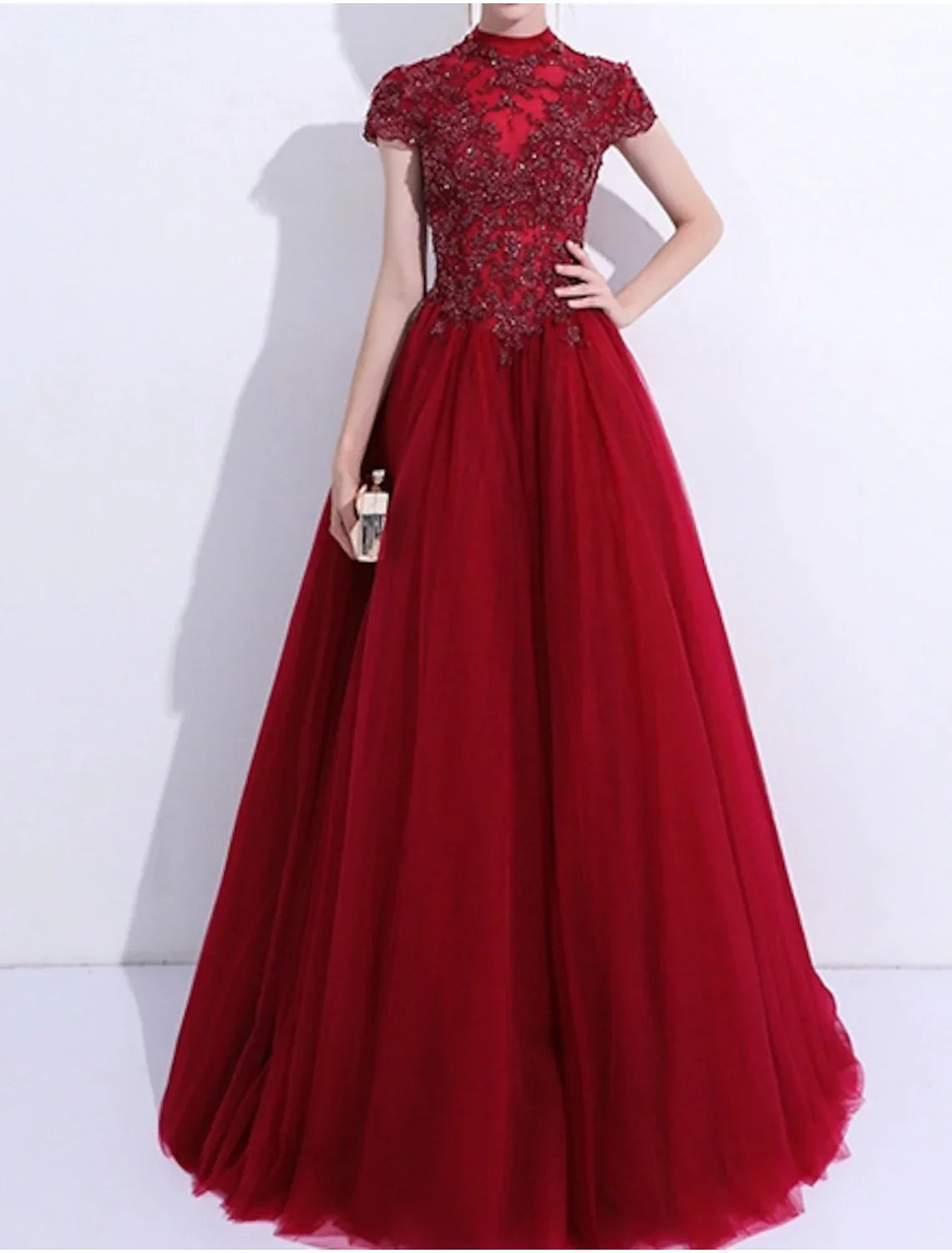 Evening Gown Vintage Dress Quinceanera Wedding Guest Floor Length Short Sleeve High Neck with Pleats Appliques